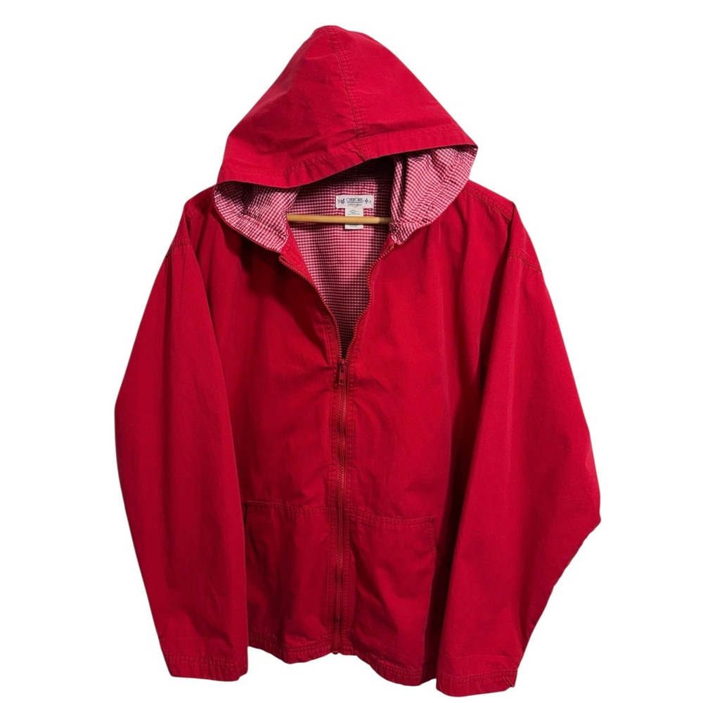 Cherokee Hooded‎ Jacket Women XL Red Gingham Lined Full Zip Cotton Utility